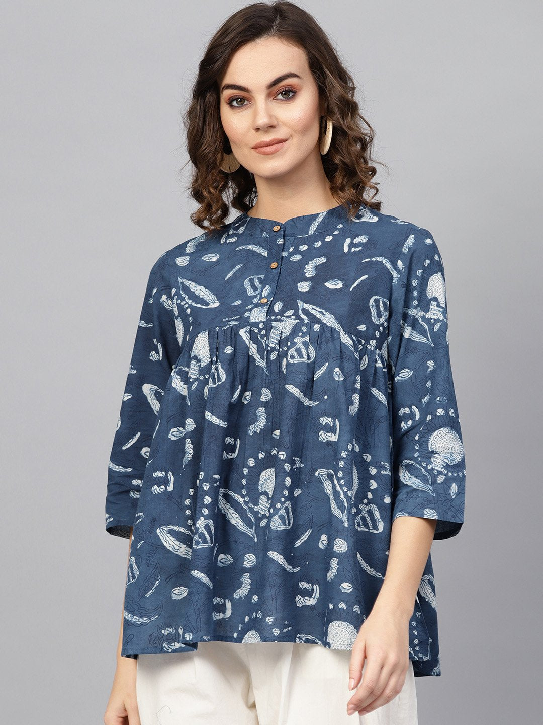 Women's Blue & Off-White Printed Tunic - Nayo Clothing