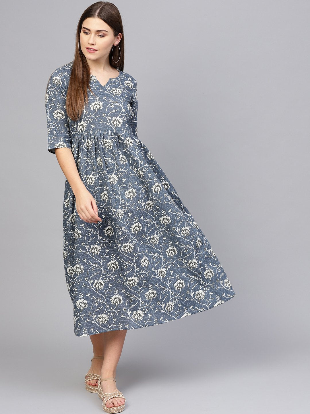 Women's Navy Blue & Off-White Printed A-Line Dress - Nayo Clothing