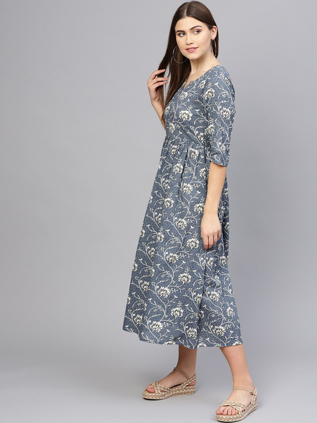 Women's Navy Blue & Off-White Printed A-Line Dress - Nayo Clothing