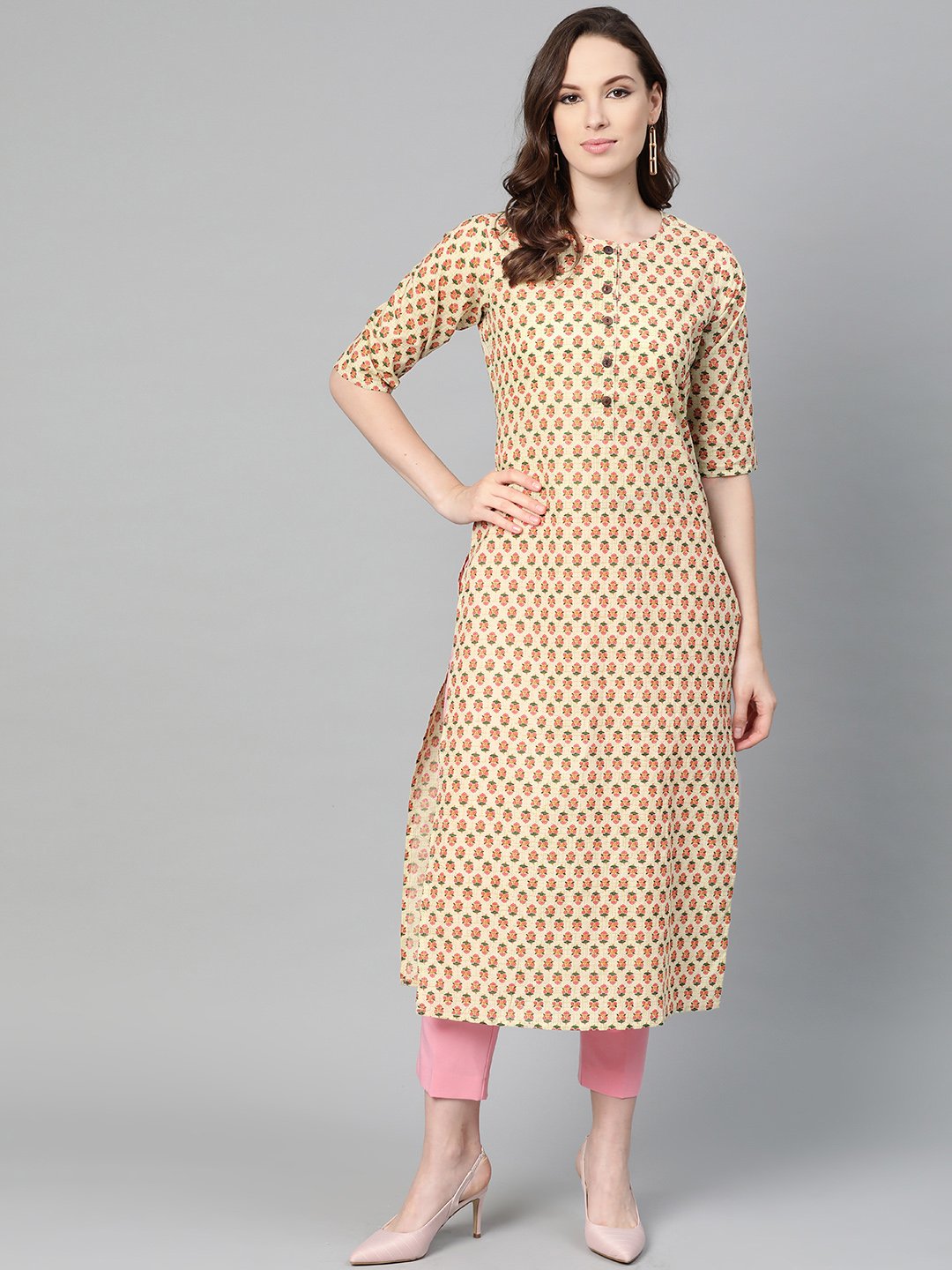 Women's Beige With Multi Floral Printed Kurta With Buttons Detailing - Nayo Clothing