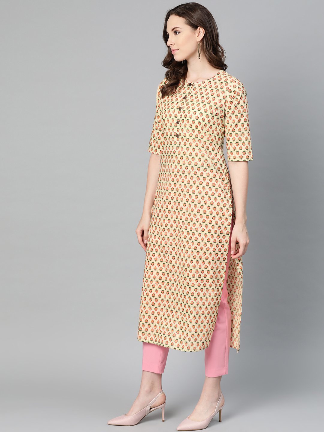 Women's Beige With Multi Floral Printed Kurta With Buttons Detailing - Nayo Clothing
