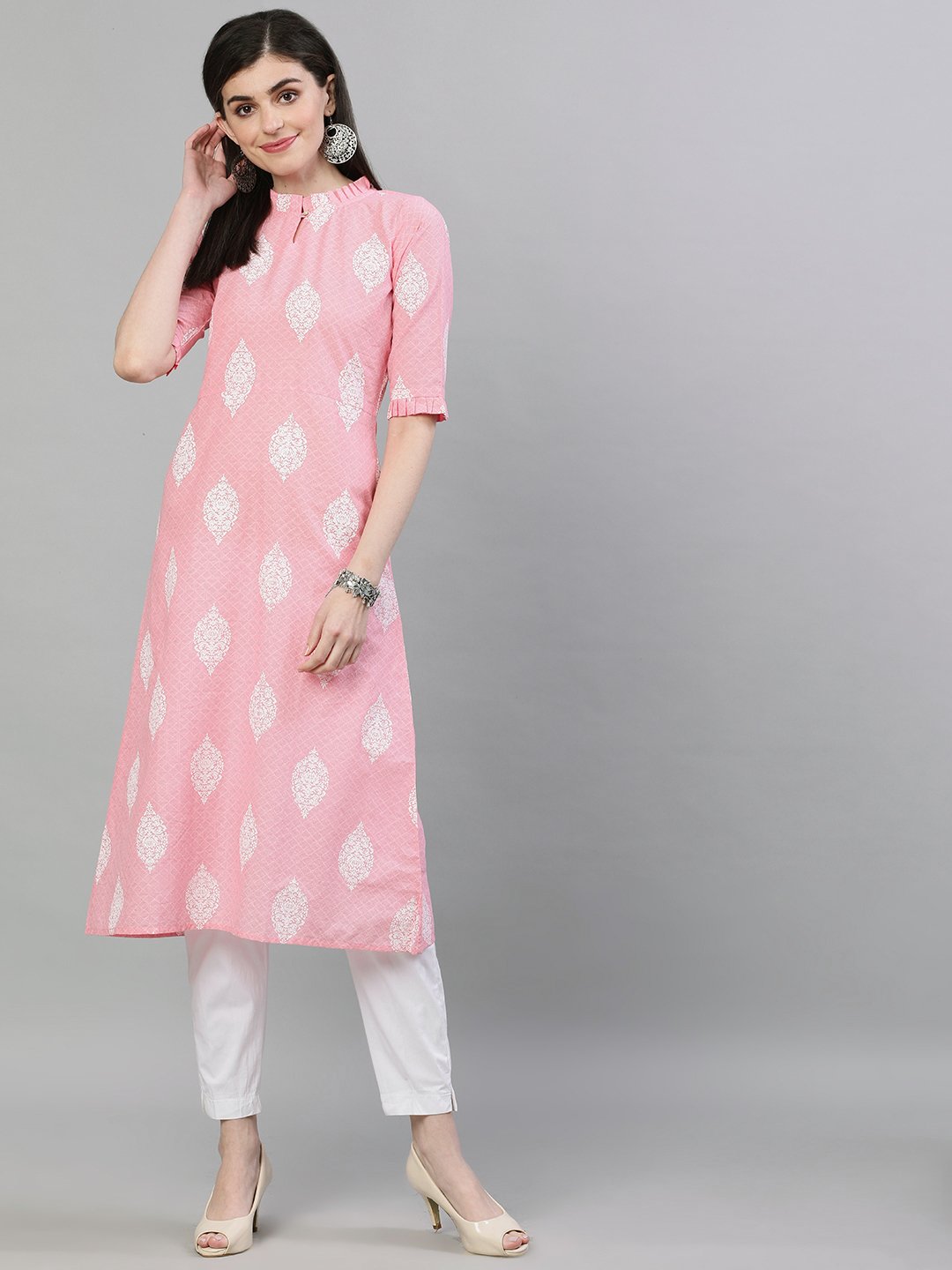Women's Pink & White Printed Straight Kurta - Nayo Clothing
