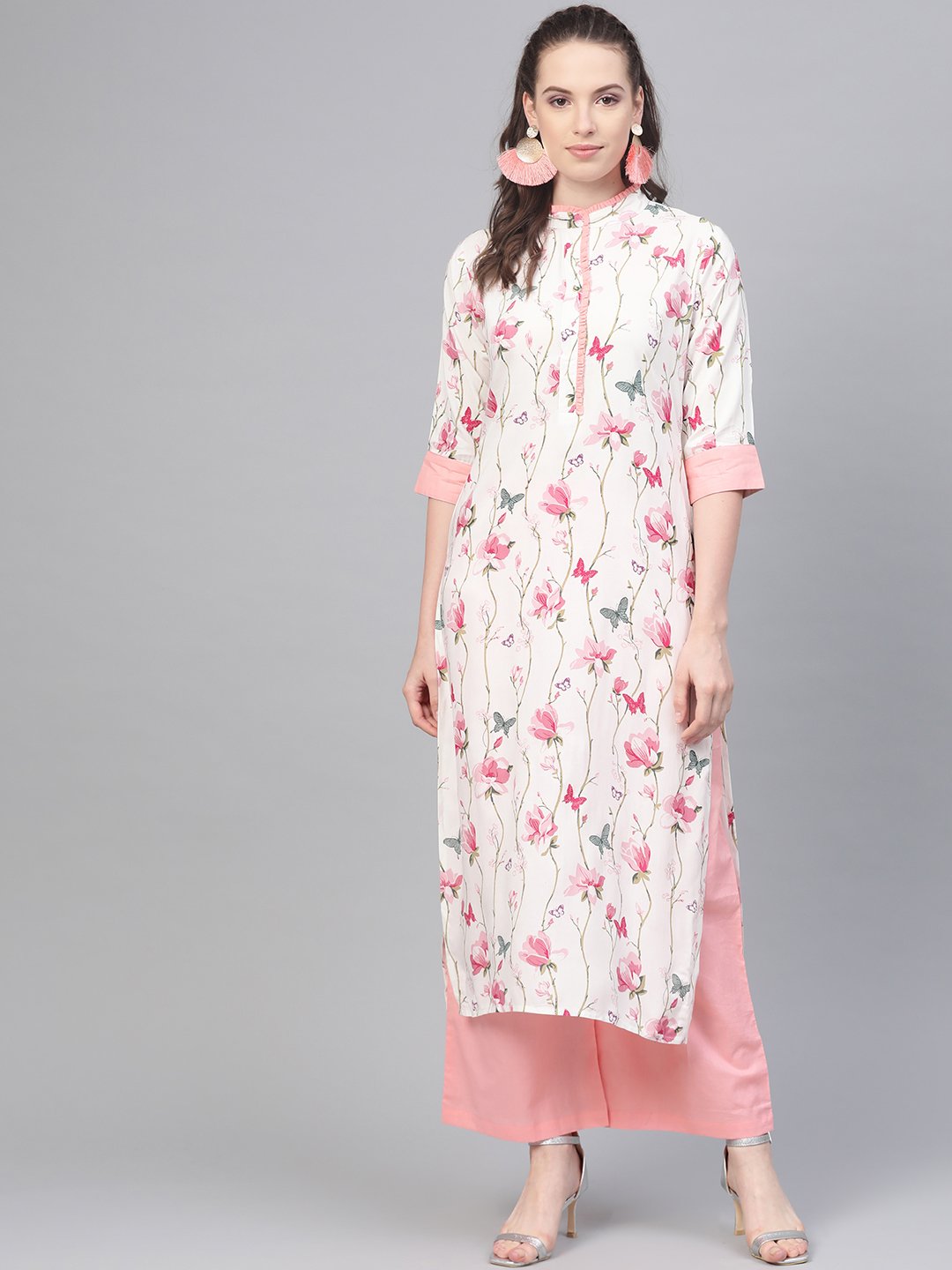 Women's Off White Multi Colored Floral Kurta With Collar And Placket Detailing With Solid Light Pink Pallazos - Nayo Clothing