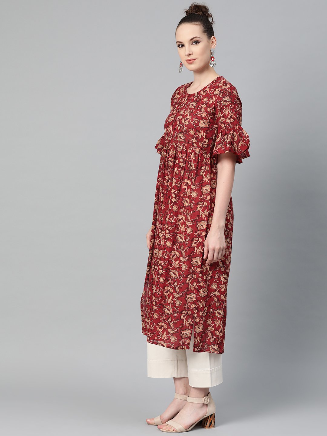 Women's Maroon & Beige Printed A-Line Kurta With Round Flared Sleeves - Nayo Clothing