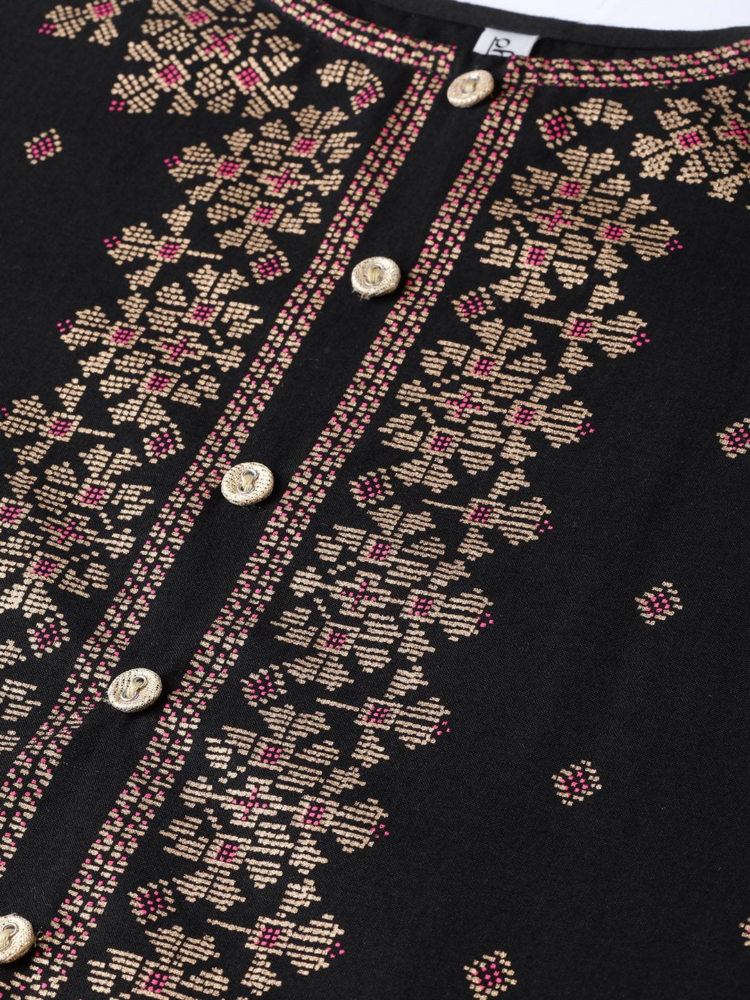 Women's Black & Gold Geometric Printed Kurta With Round Neck & 3/4 Sleeves - Nayo Clothing