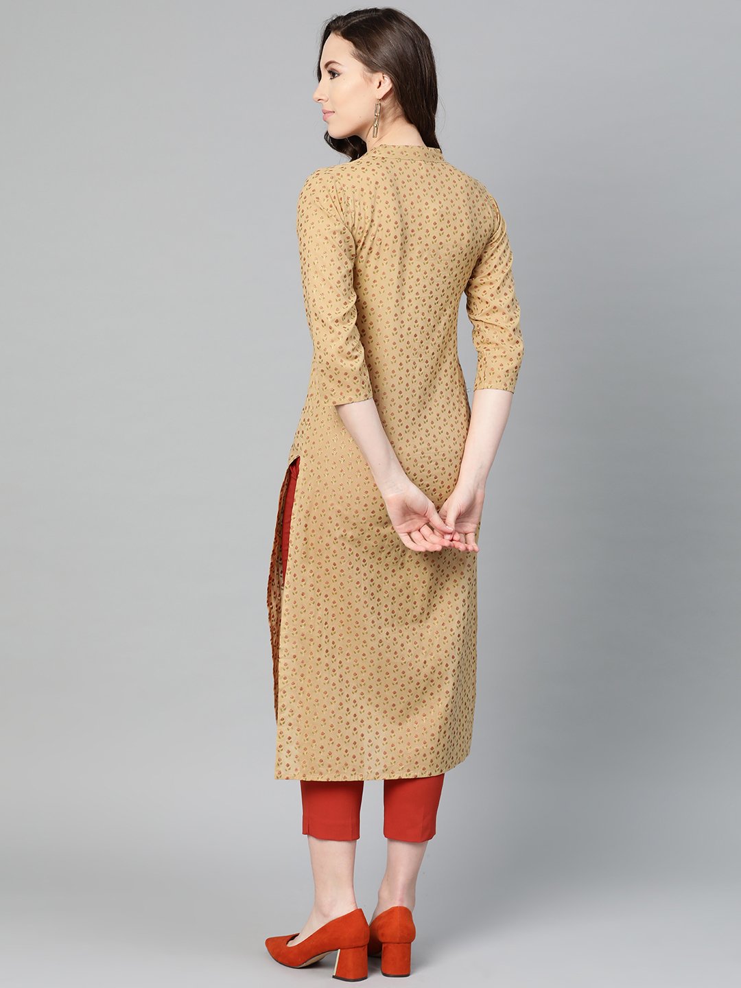 Women's Yellow Printed Straight Kurta With Mandarin Collar With 3/4 Sleeves - Nayo Clothing