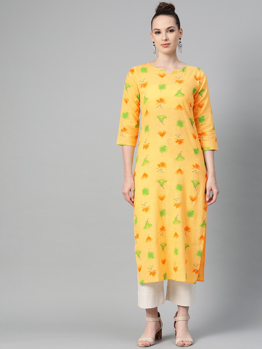 Women's Yellow Multi Colored Printed Kurta With Round Neck With V & 3/4 Sleeves - Nayo Clothing