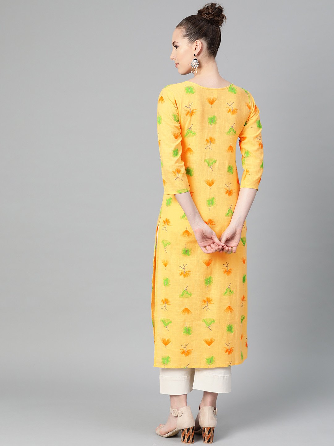 Women's Yellow Multi Colored Printed Kurta With Round Neck With V & 3/4 Sleeves - Nayo Clothing