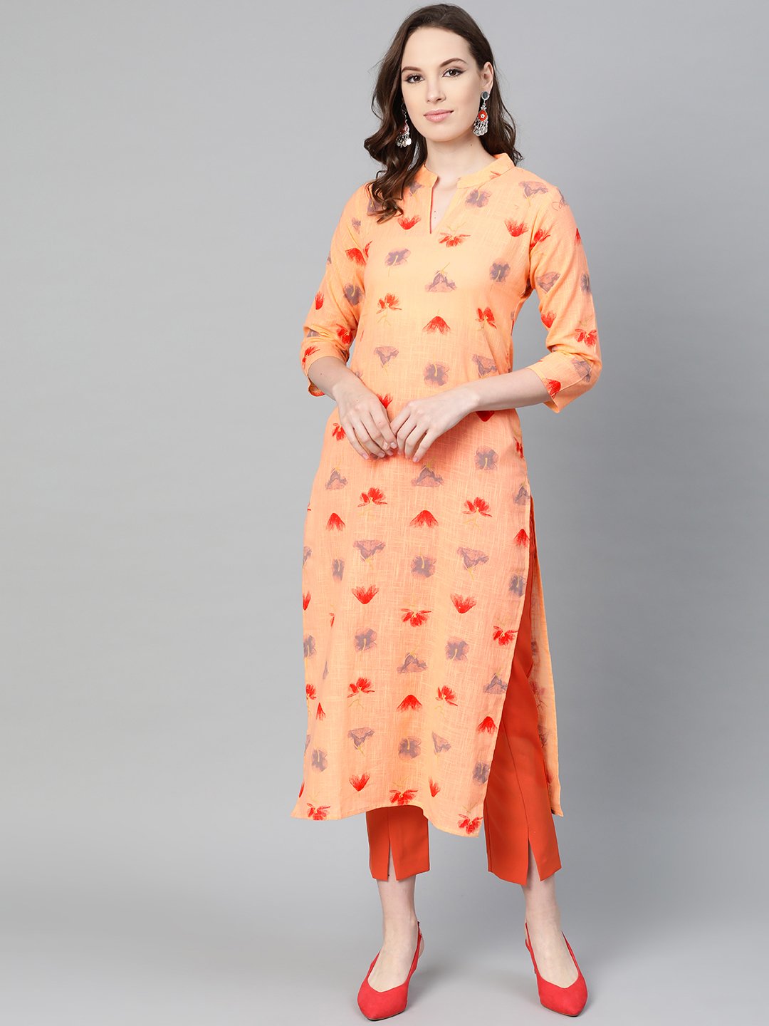 Women's Peach Multi Colored Printed Kurta With Mandarin Collar With 3/4 Sleeves - Nayo Clothing