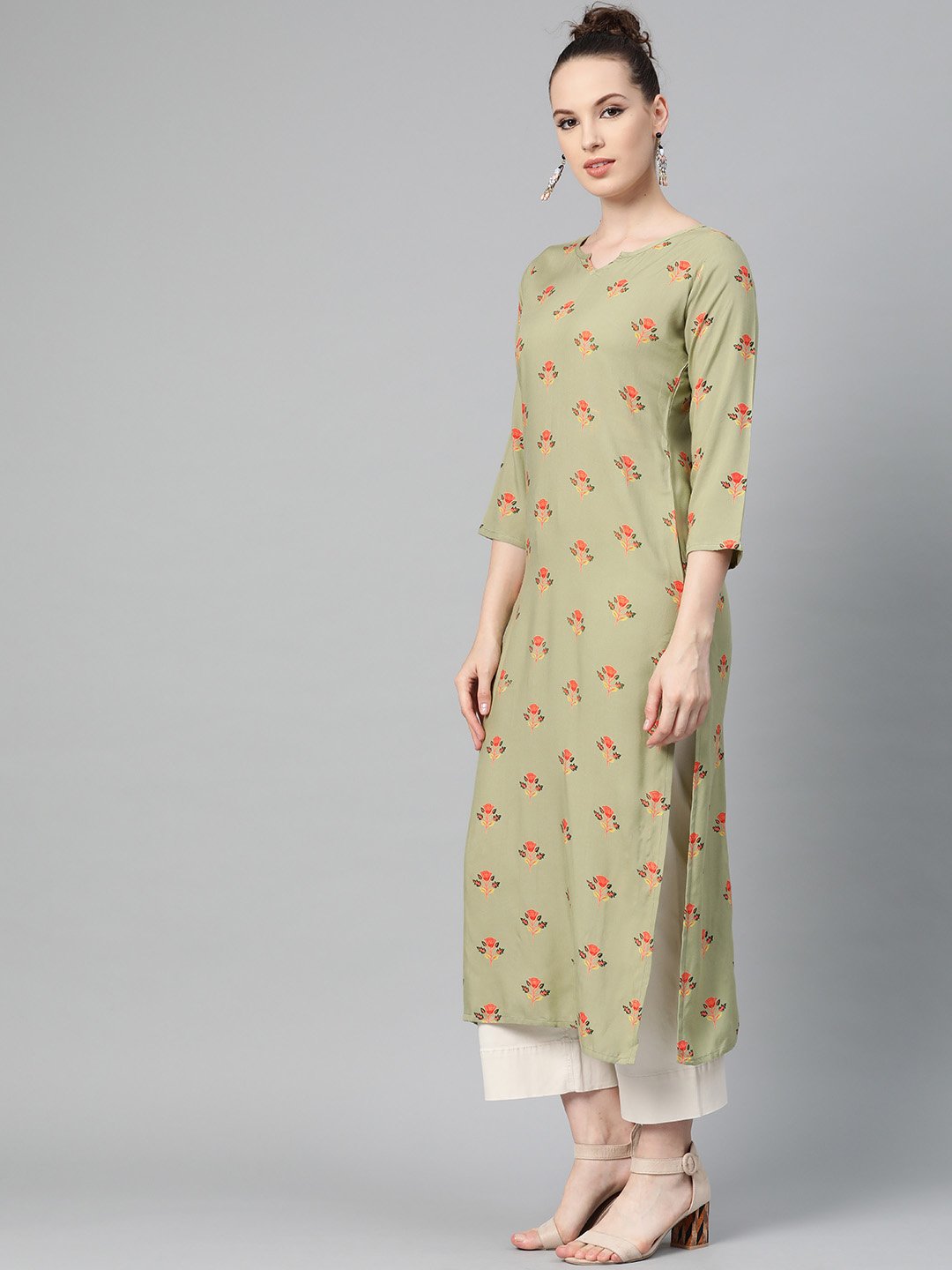 Women's Olive Green Multi Colored Printed Kurta With Round Neck With V & 3/4 Sleeves - Nayo Clothing