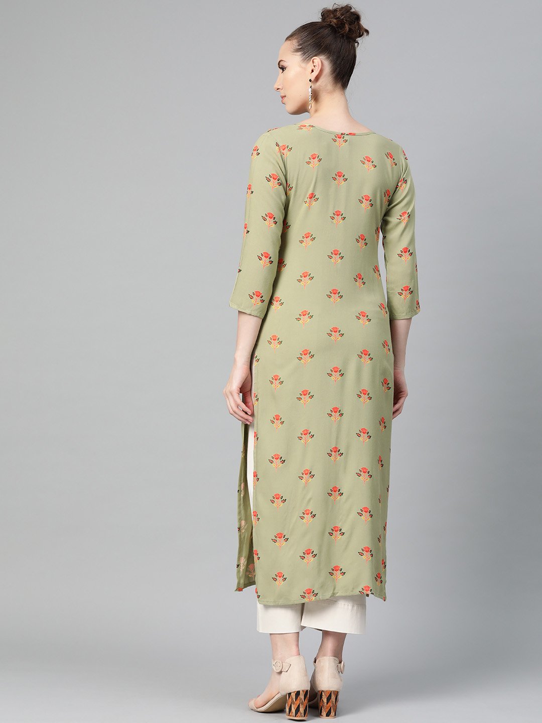 Women's Olive Green Multi Colored Printed Kurta With Round Neck With V & 3/4 Sleeves - Nayo Clothing