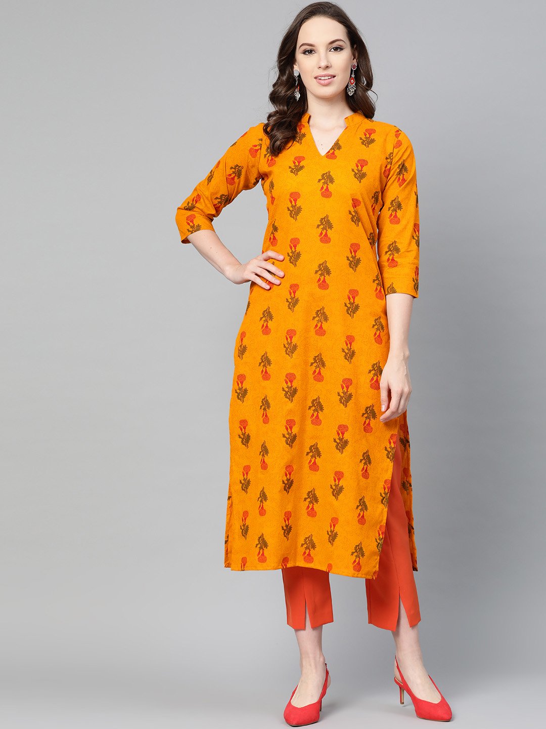 Women's Mustard Printed Straight Kurta With Mandarin Collar & 3/4 Sleeves - Nayo Clothing
