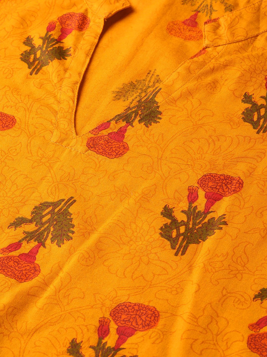 Women's Mustard Printed Straight Kurta With Mandarin Collar & 3/4 Sleeves - Nayo Clothing