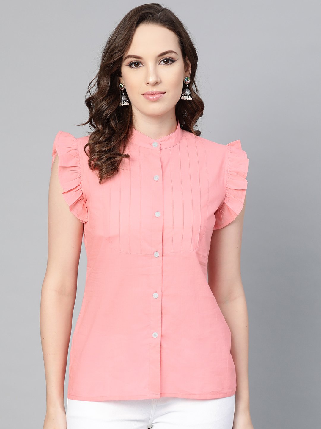 Women's Solid pastel pink top with detailed sleeves - Nayo Clothing