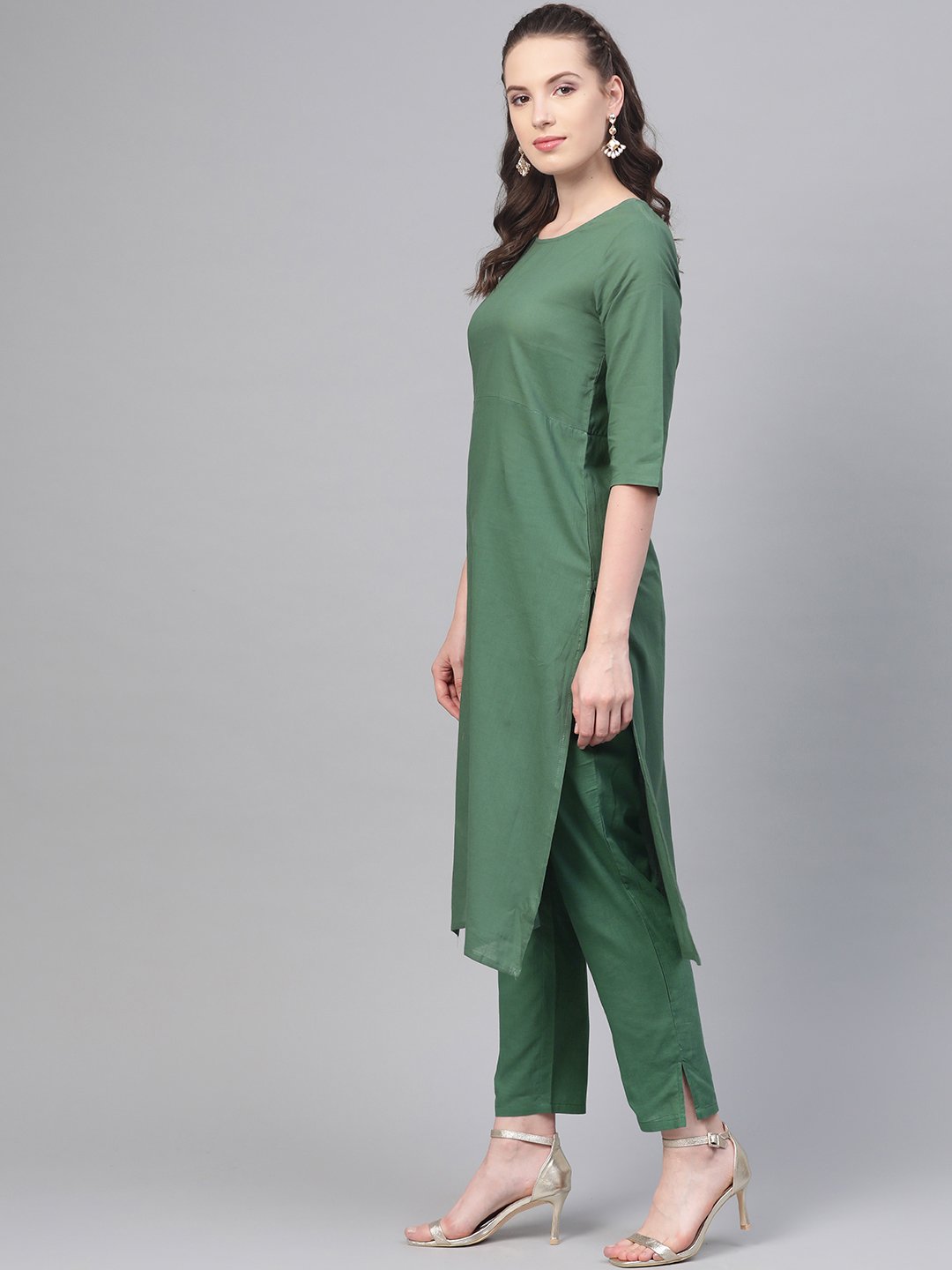 Women's Solid Green Straight Kurta set with Pants & Multi colored Dupatta - Nayo Clothing