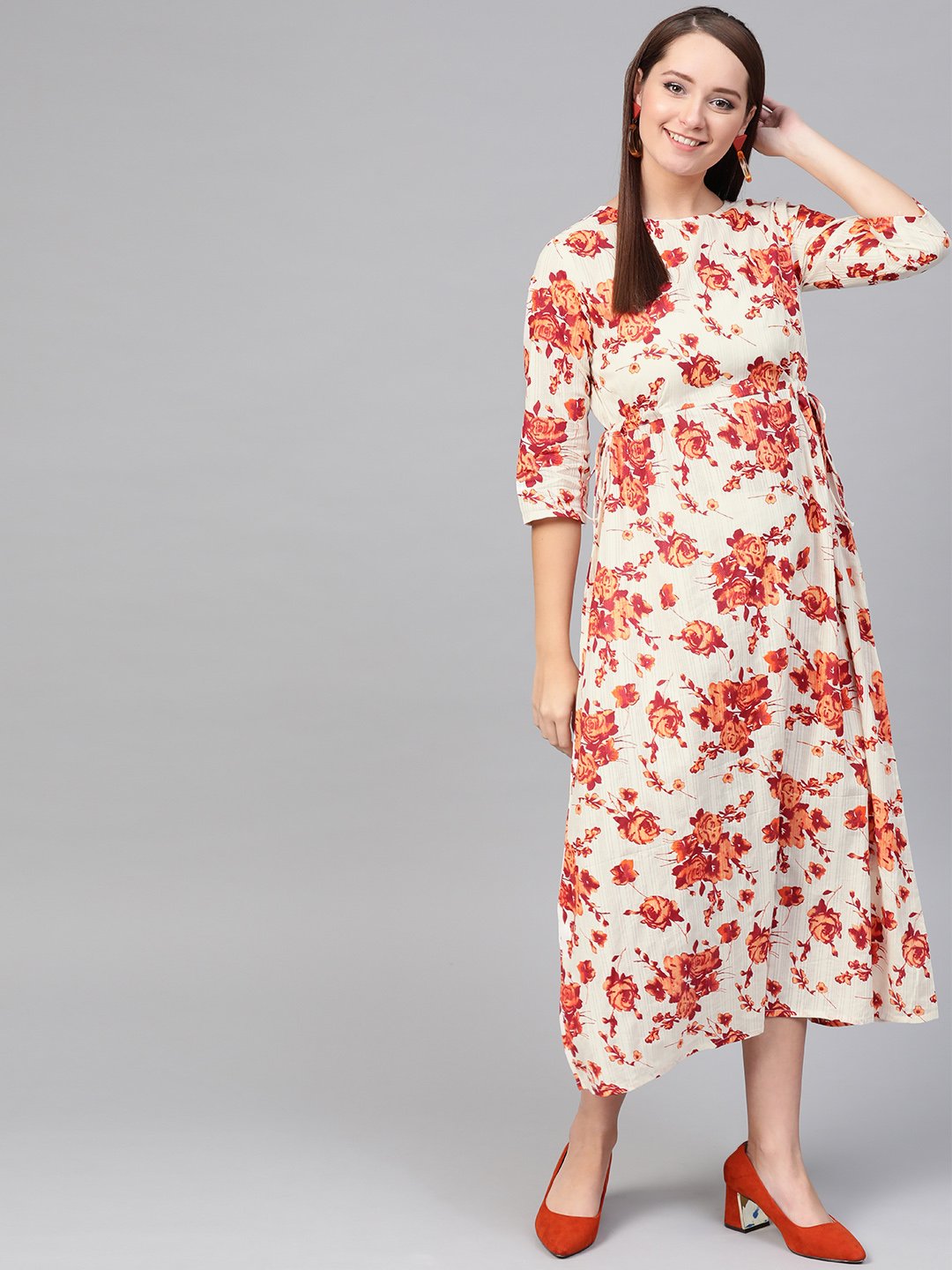 Women's Nayo Off White & Orange Floral Printed Maxi Dress - Nayo Clothing