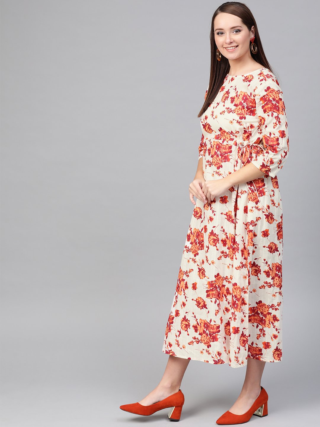 Women's Nayo Off White & Orange Floral Printed Maxi Dress - Nayo Clothing