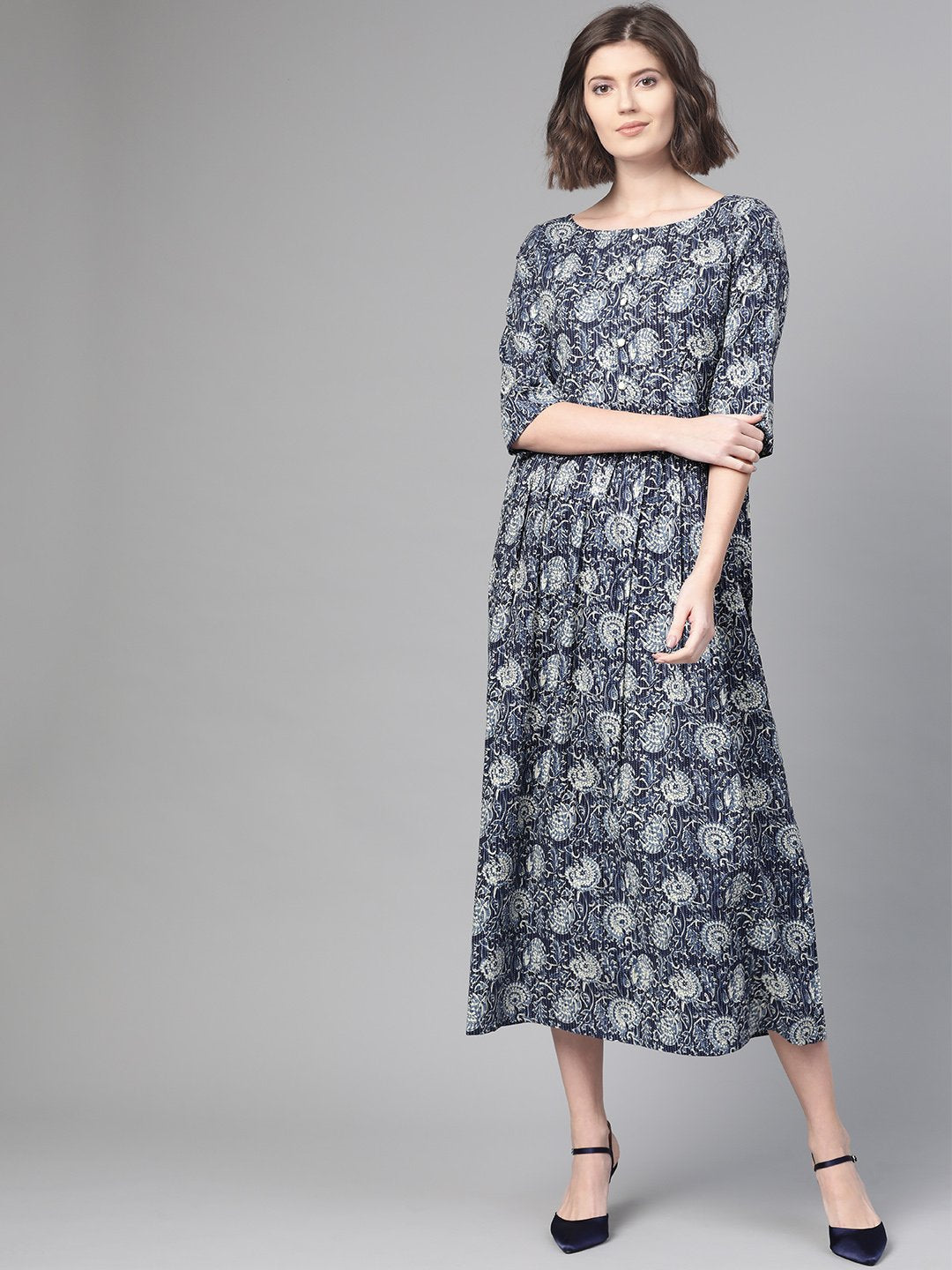 Women's Nayo Navy Blue & Cream Floral Printed Maxi Dress - Nayo Clothing