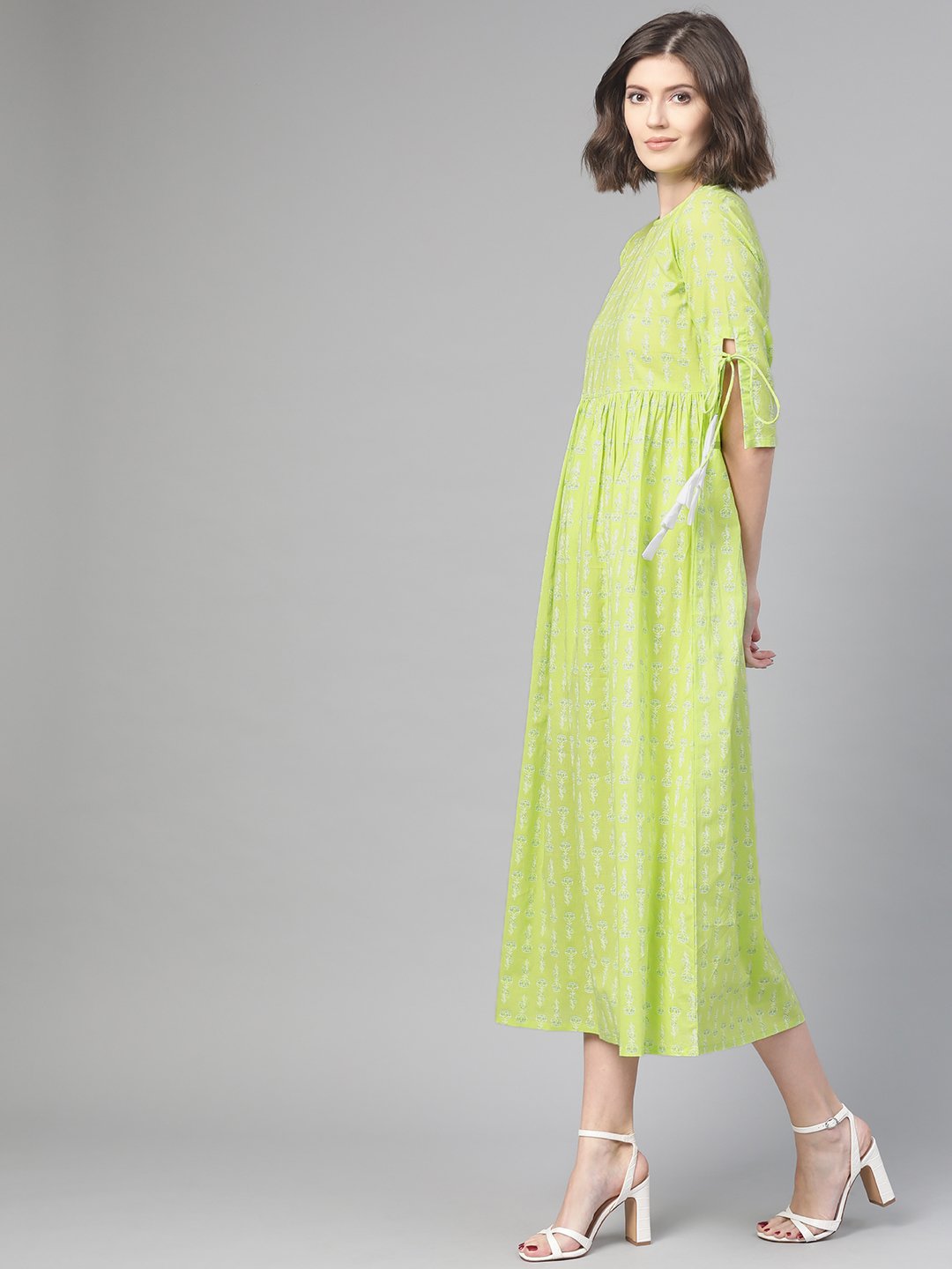 Women's Nayo Lime Green & White Ethnic Motifs Printed Maxi Dress - Nayo Clothing