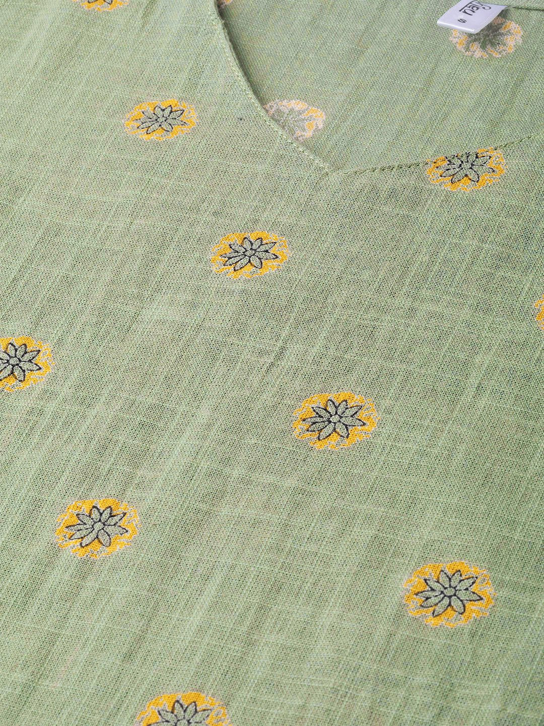 Women's Nayo Green & Yellow Cotton Straight Floral Printed Kurta - Nayo Clothing