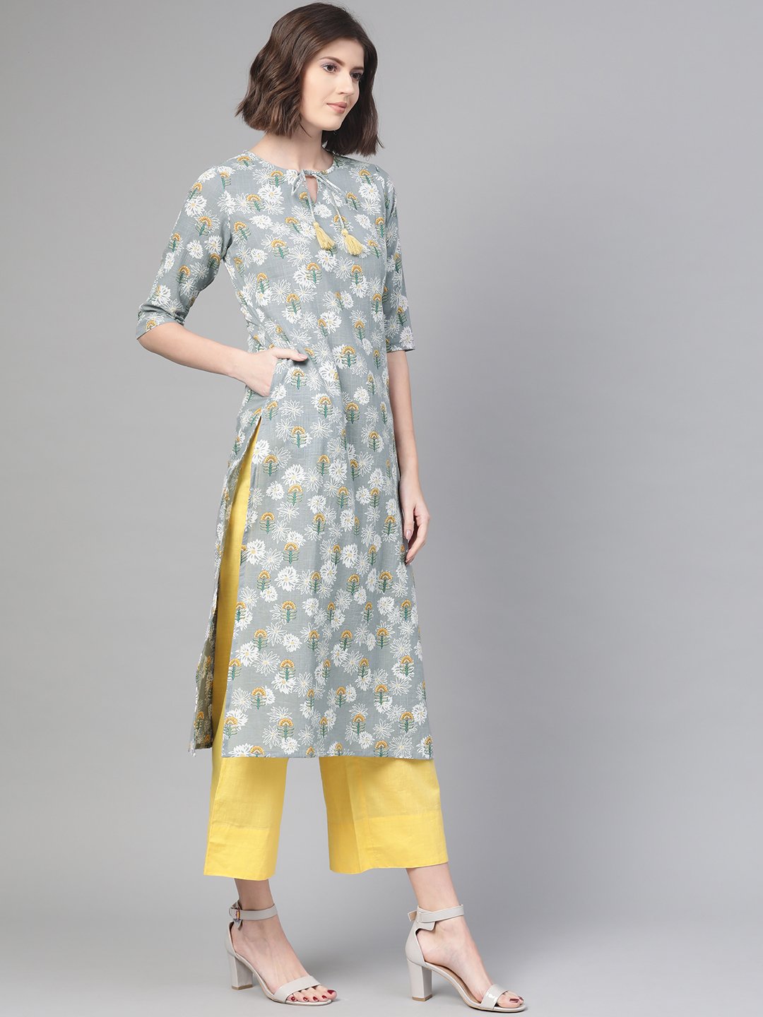 Women's Nayo Grey & Yellow Cotton Straight Floral Printed Kurta - Nayo Clothing