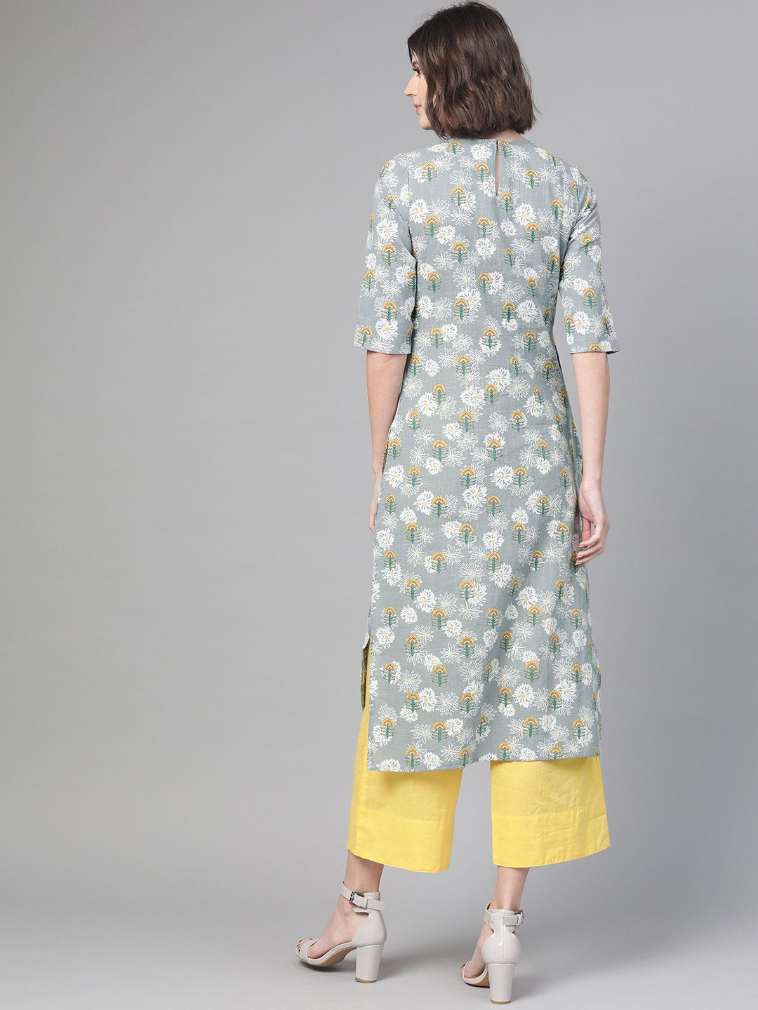 Women's Nayo Grey & Yellow Cotton Straight Floral Printed Kurta - Nayo Clothing
