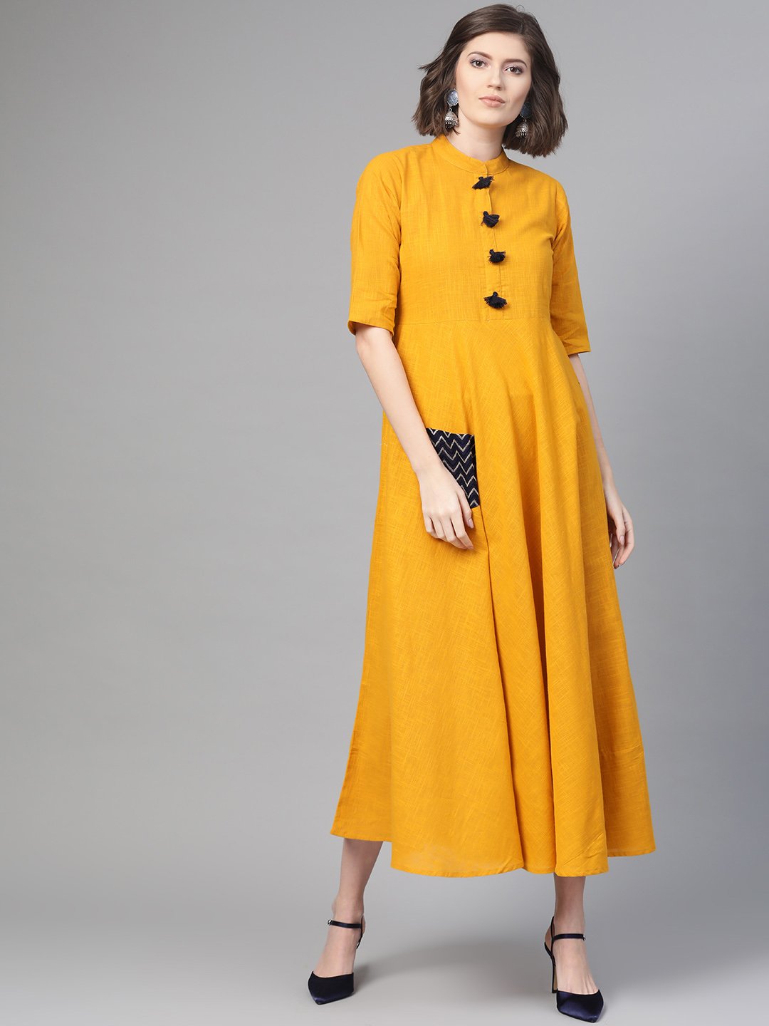 Women's Nayo Mustard & Black Solid Fit And Flare Dress - Nayo Clothing