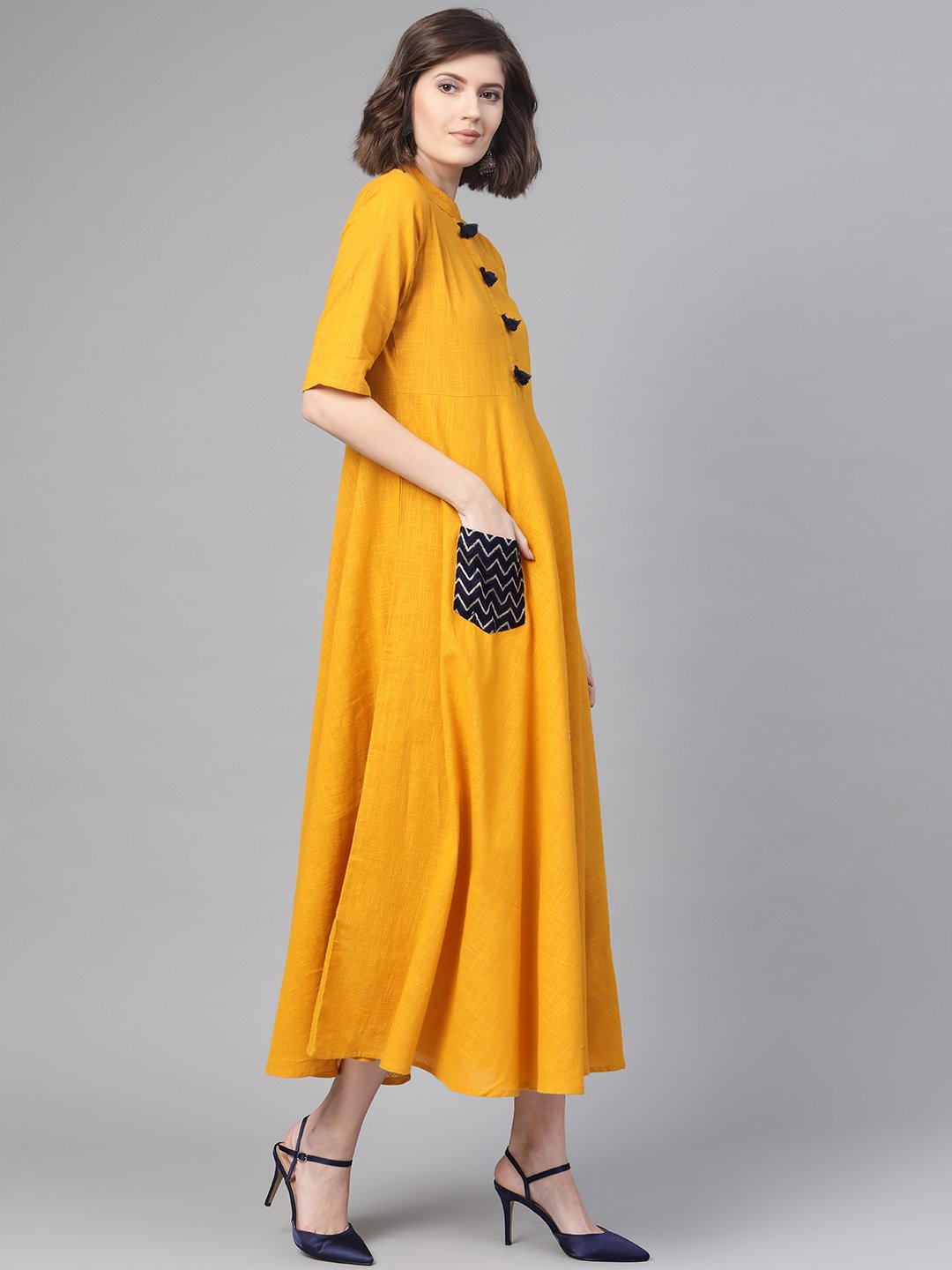 Women's Nayo Mustard & Black Solid Fit And Flare Dress - Nayo Clothing