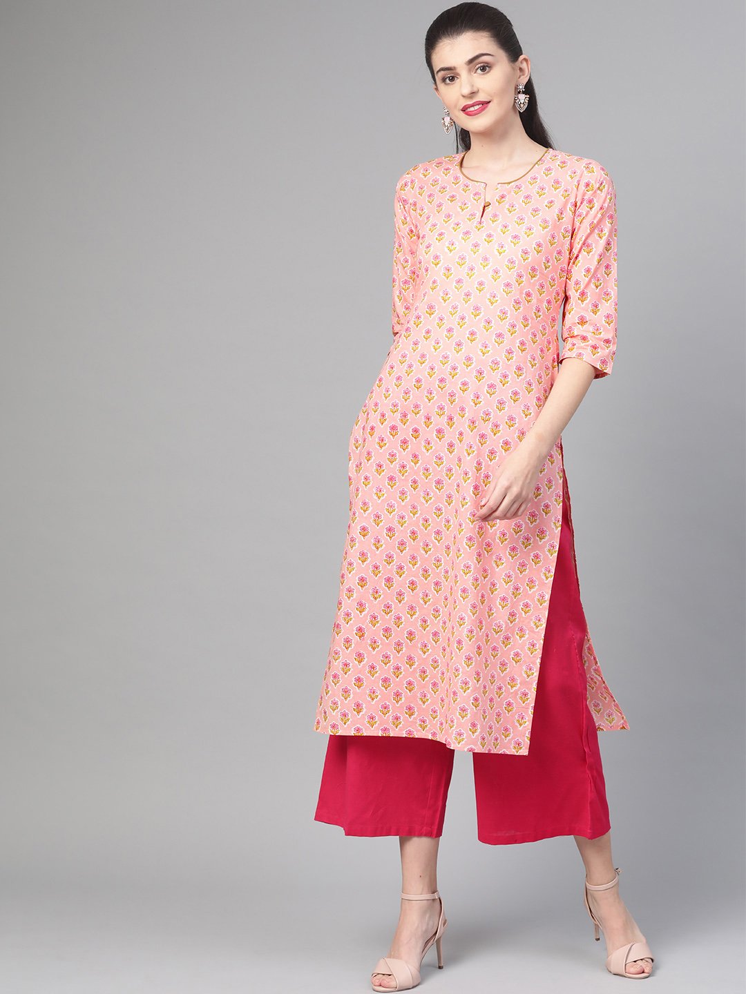 Women's Nayo Peach & Yellow Cotton Straight Floral Printed Kurta - Nayo Clothing