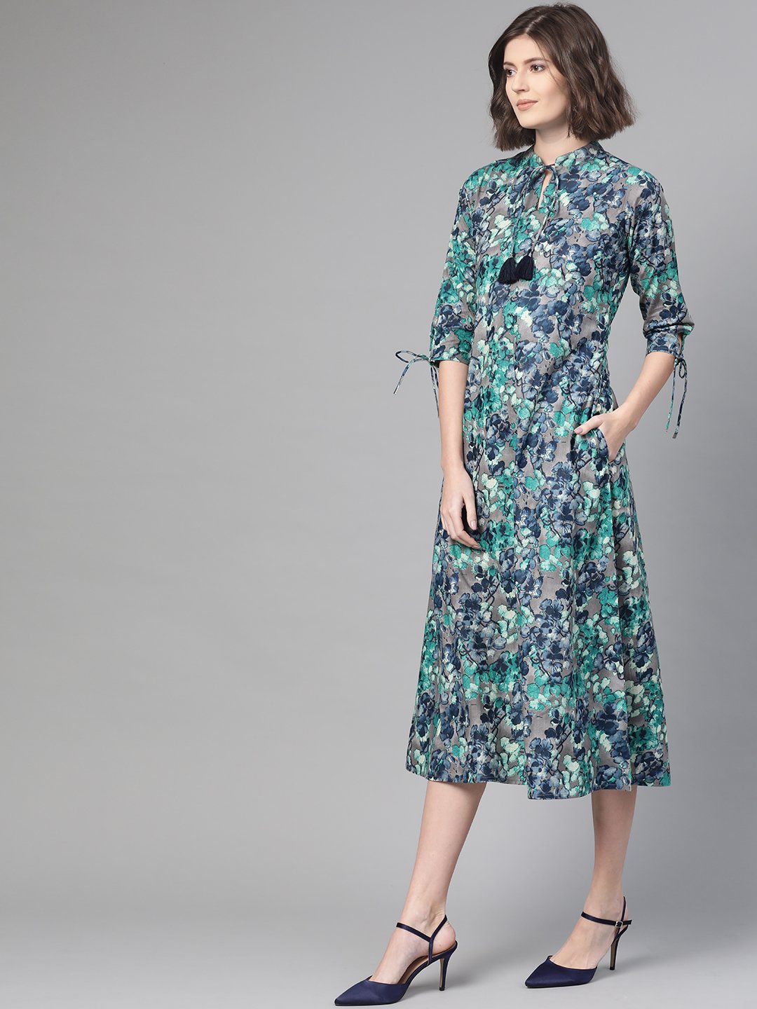 Women's Nayo Grey & Navy Blue Floral Printed A-Line Dress - Nayo Clothing