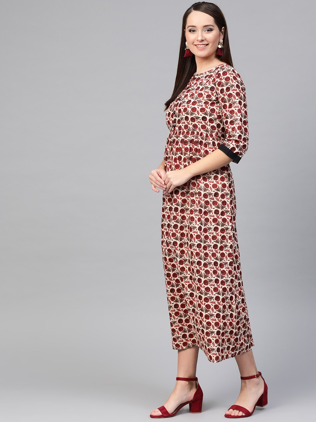 Women's Nayo Cream & Brown Floral Printed Maxi Dress - Nayo Clothing