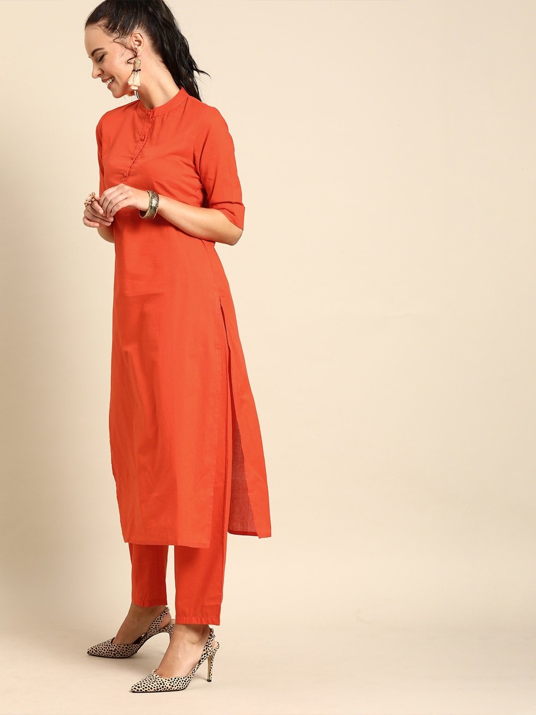 Women's Orange Solid Kurta With Trousers & Dupatta - Nayo Clothing