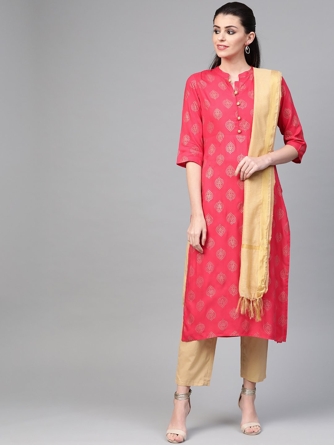 Women's Nayo Pink & Gold Straight Ethnic Motifs Printed Kurta And Trousers Set - Nayo Clothing
