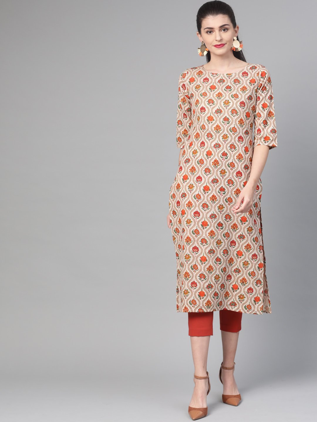 Women's Nayo Cream & Orange Cotton Straight Floral Printed Kurta - Nayo Clothing