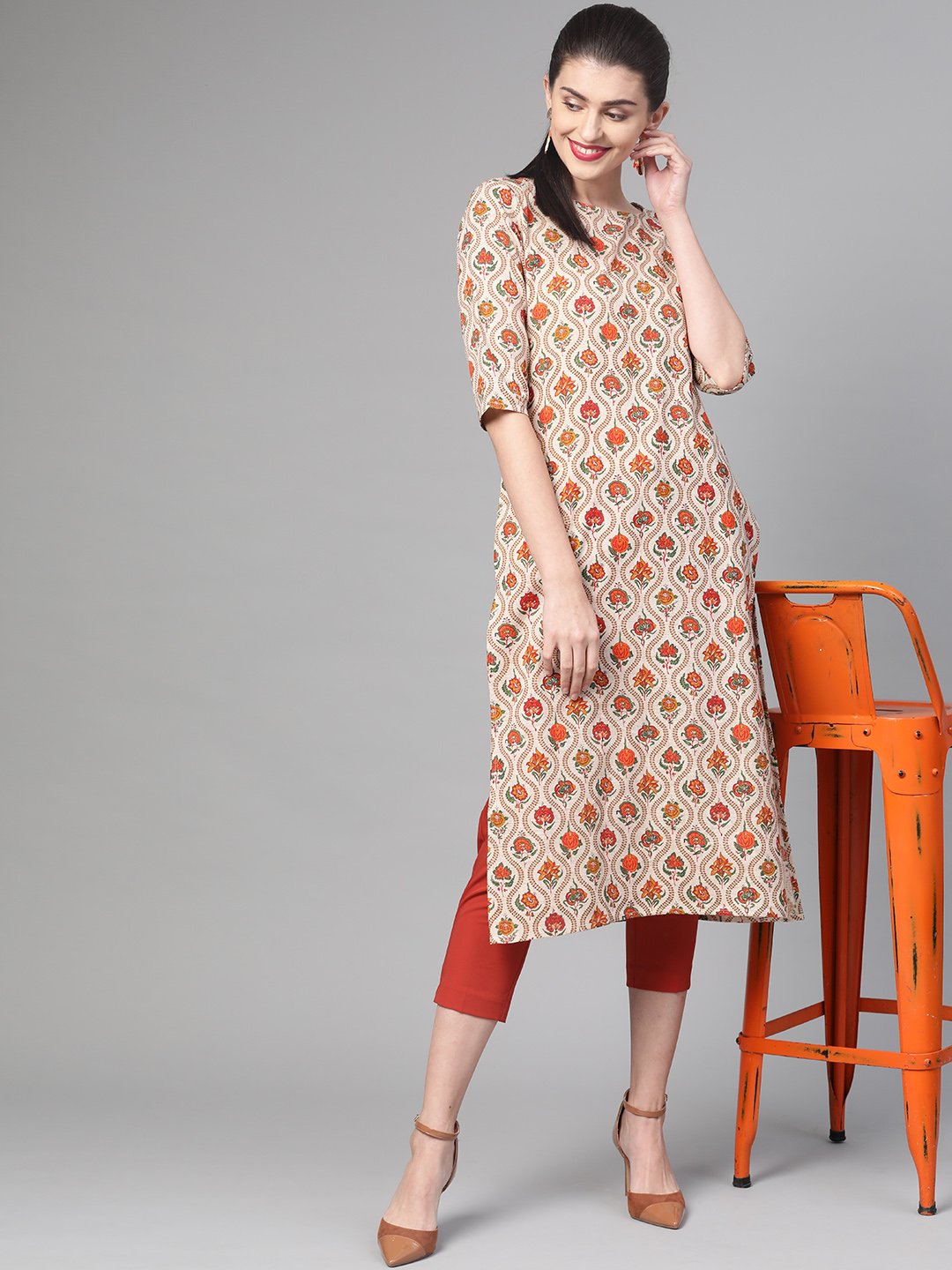 Women's Nayo Cream & Orange Cotton Straight Floral Printed Kurta - Nayo Clothing