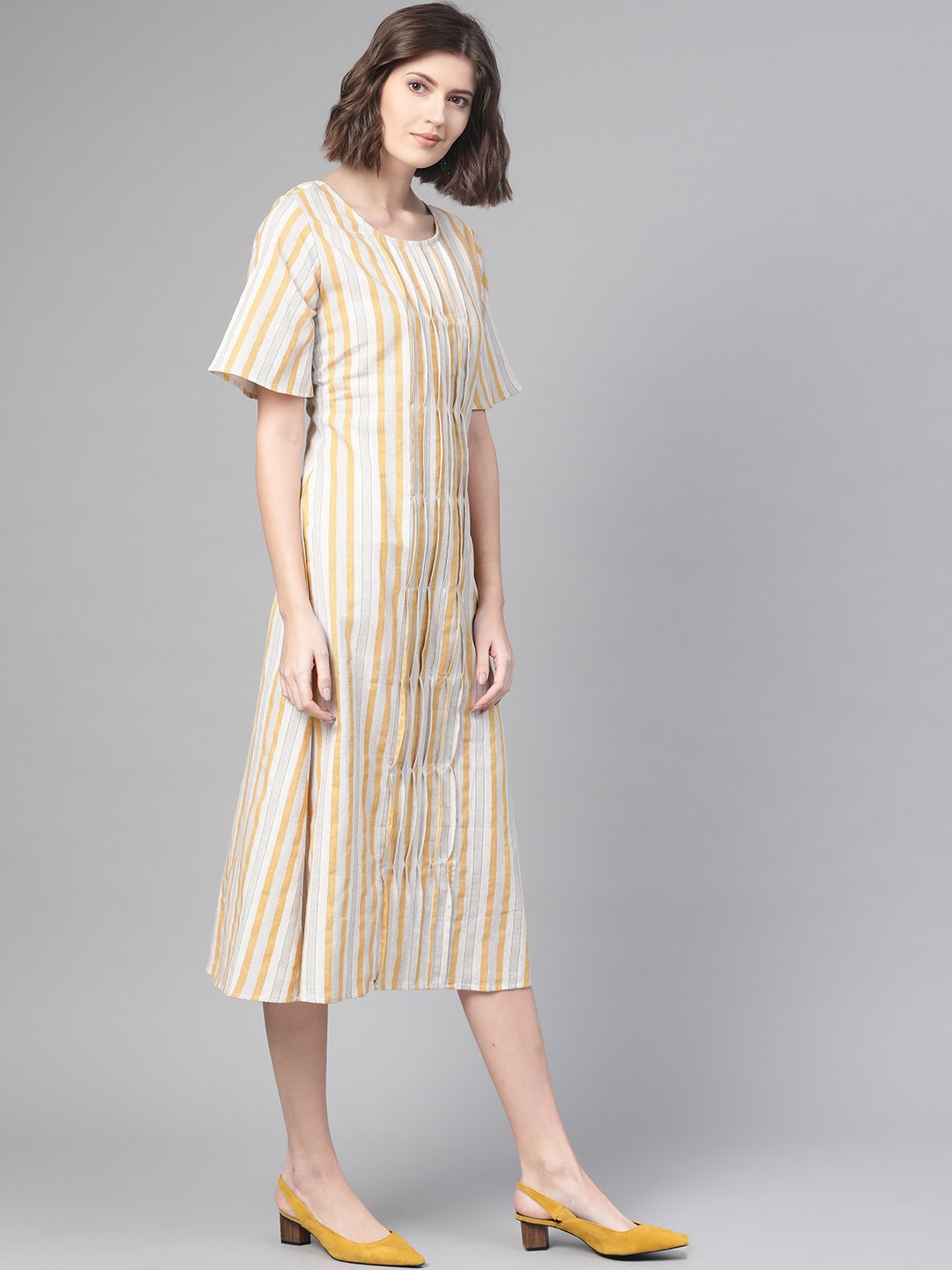 Women's Nayo Off White & Mustard Striped Striped A-Line Dress - Nayo Clothing