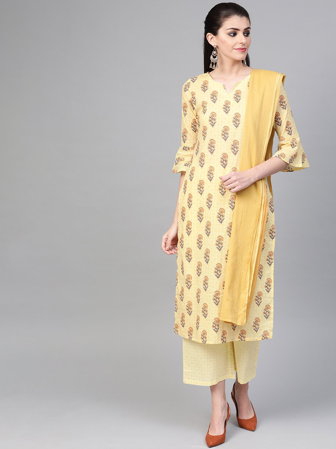 Women's Nayo Yellow & Brown Straight Ethnic Motifs Printed Kurta And Palazzos Set - Nayo Clothing