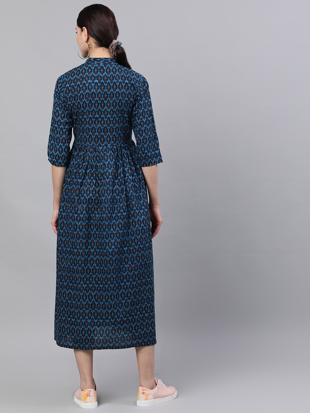 Women's Navy Blue Bohemian Printed Mandarin Collar Cotton A-Line Dress - Nayo Clothing