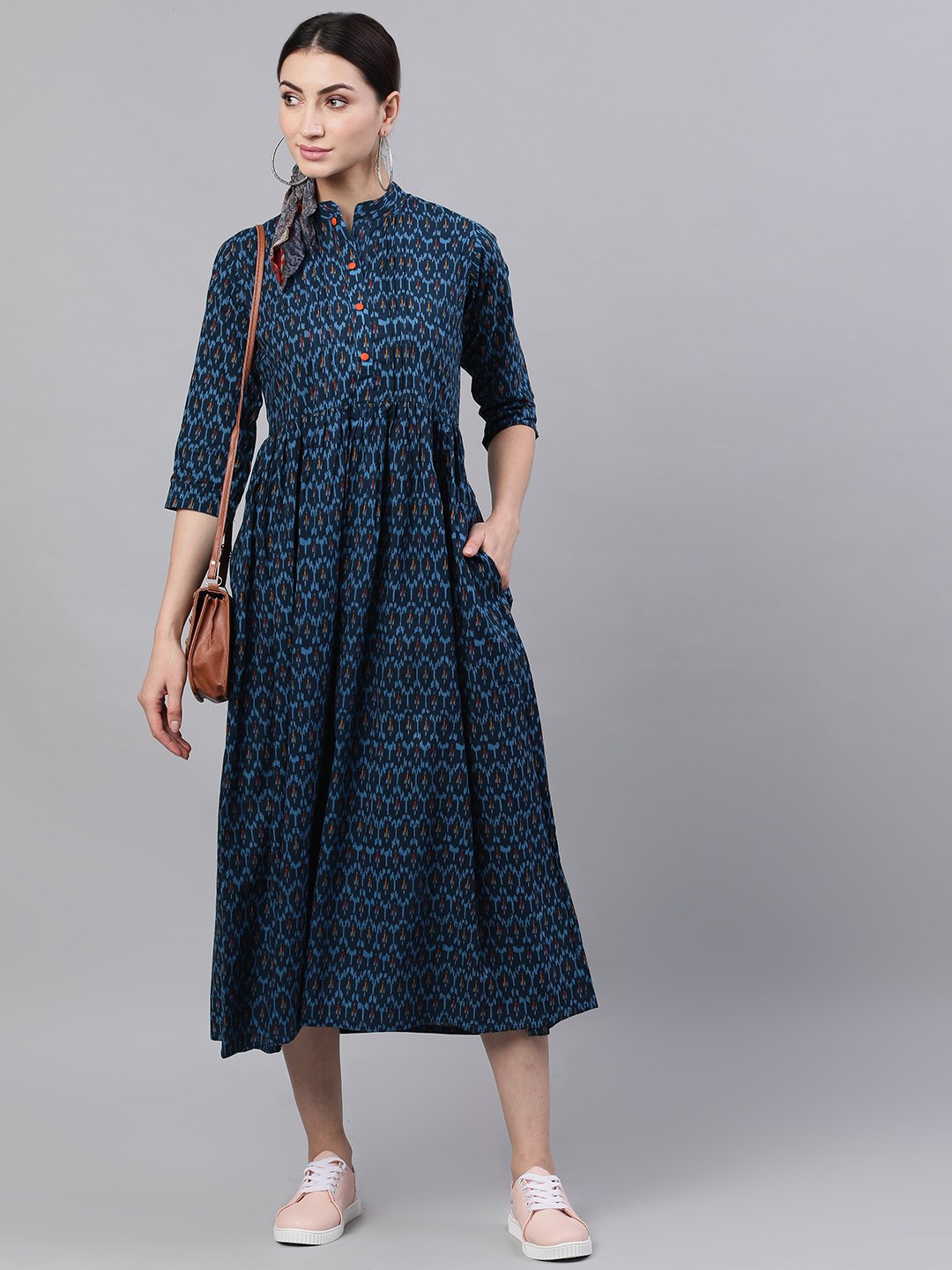 Women's Navy Blue Bohemian Printed Mandarin Collar Cotton A-Line Dress - Nayo Clothing