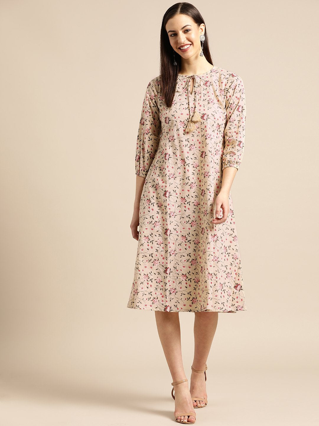 Women's Beige & Red Floral Printed Fit And Flare Dress - Nayo Clothing