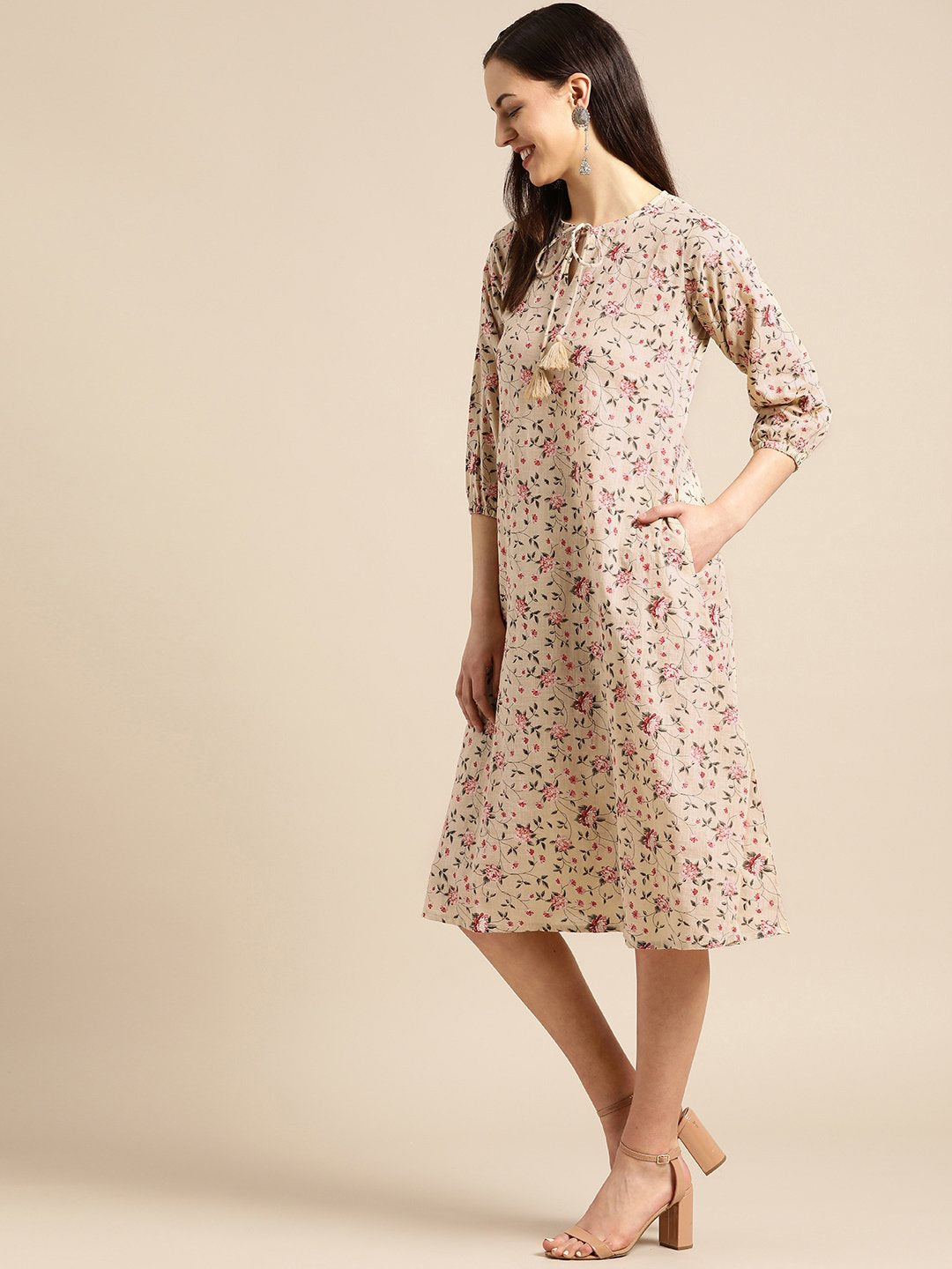 Women's Beige & Red Floral Printed Fit And Flare Dress - Nayo Clothing