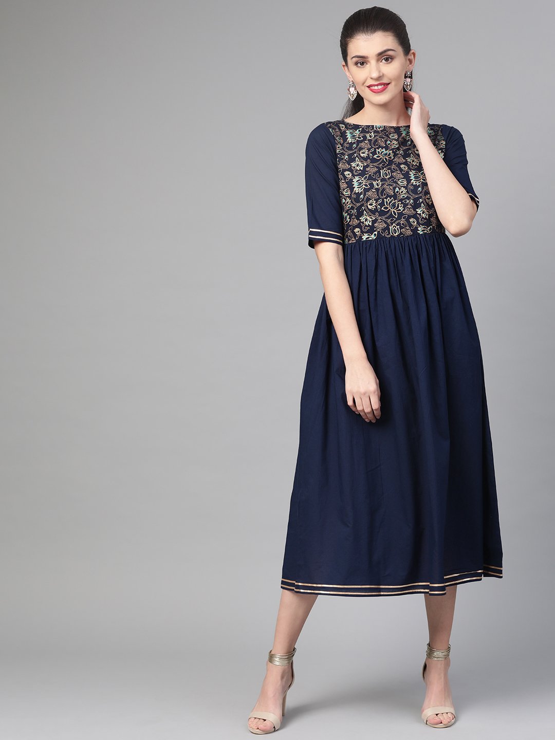 Women's Nayo Navy Blue & Gold Floral Printed Maxi Dress - Nayo Clothing