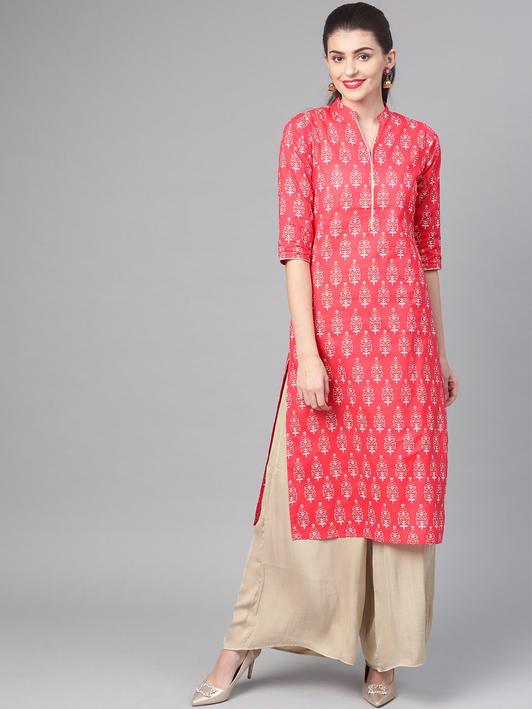 Women's Nayo Pink & Gold Cotton Straight Floral Printed Kurta - Nayo Clothing