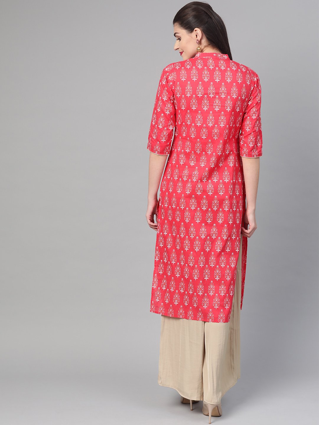 Women's Nayo Pink & Gold Cotton Straight Floral Printed Kurta - Nayo Clothing