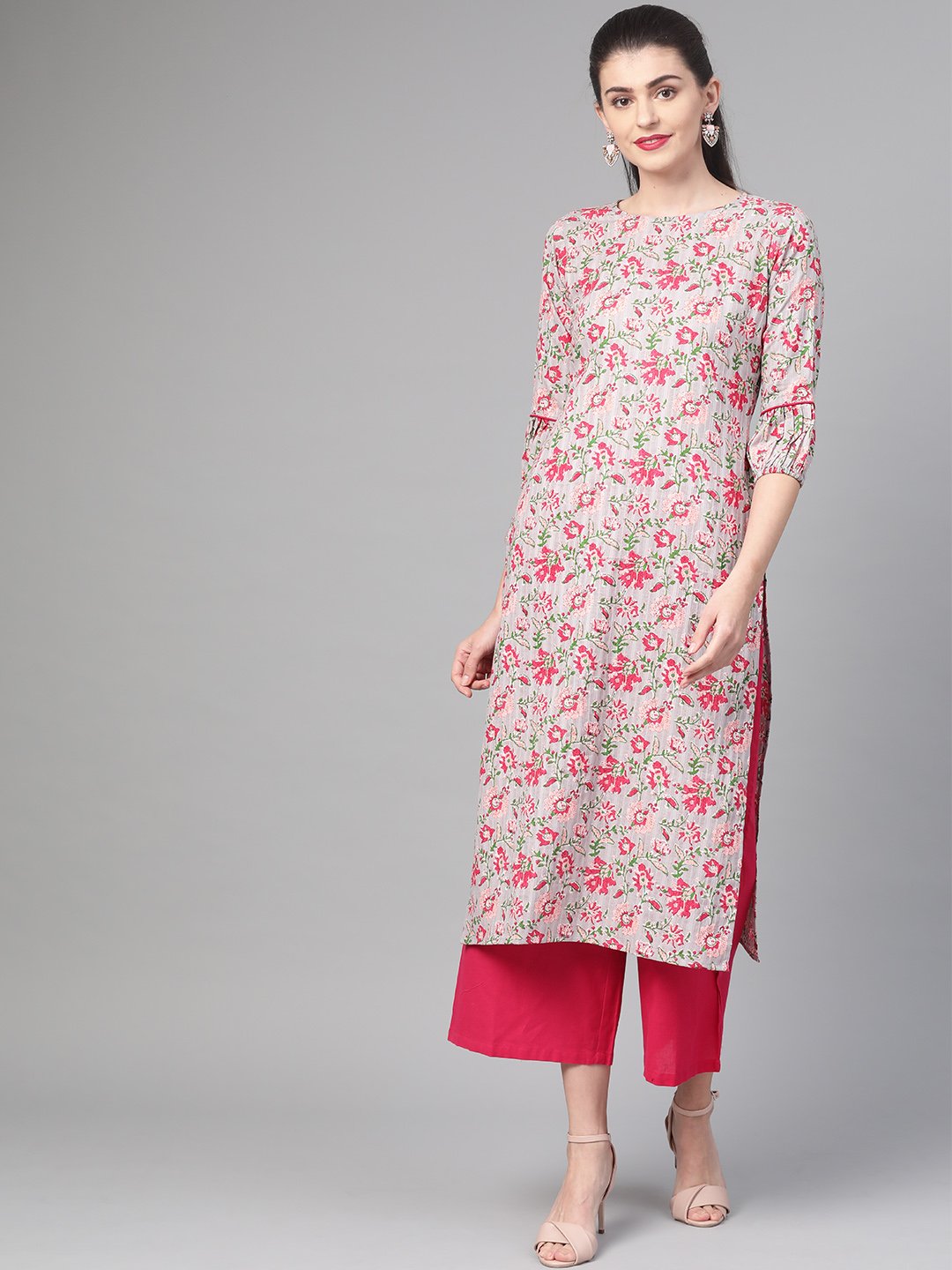 Women's Nayo Grey & Pink Cotton Straight Floral Printed Kurta - Nayo Clothing