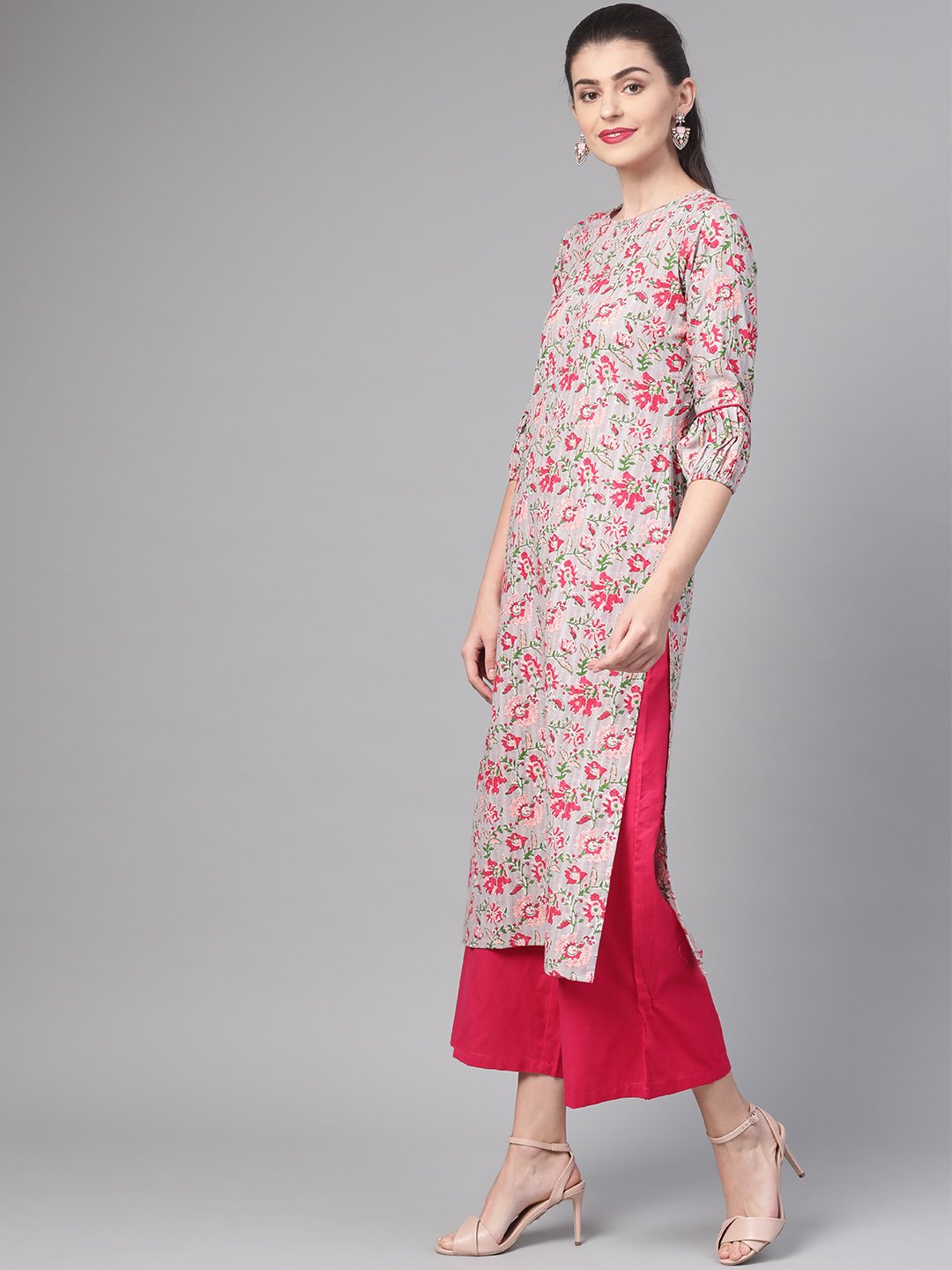 Women's Nayo Grey & Pink Cotton Straight Floral Printed Kurta - Nayo Clothing
