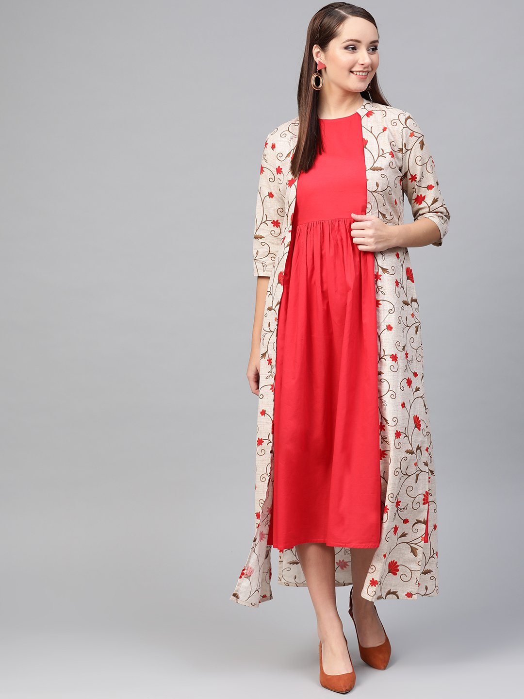 Women's Nayo Red & Beige Floral Printed Maxi Dress - Nayo Clothing