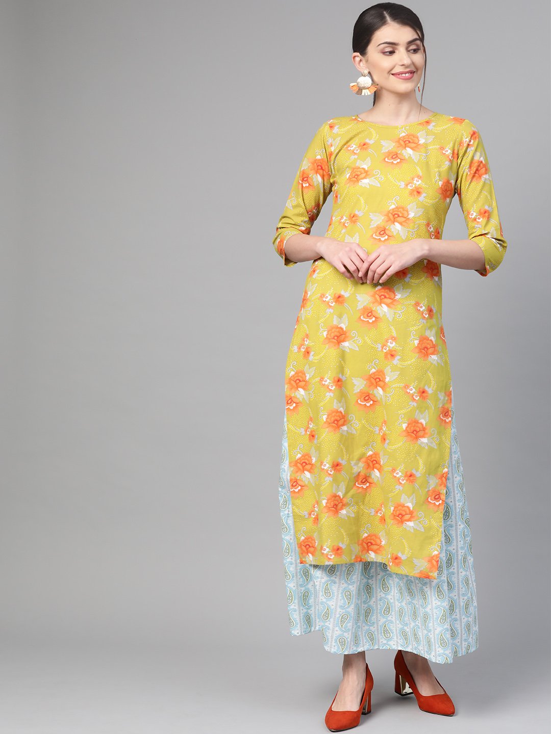 Women's Nayo Green & Orange Straight Floral Printed Kurta And Skirt Set - Nayo Clothing