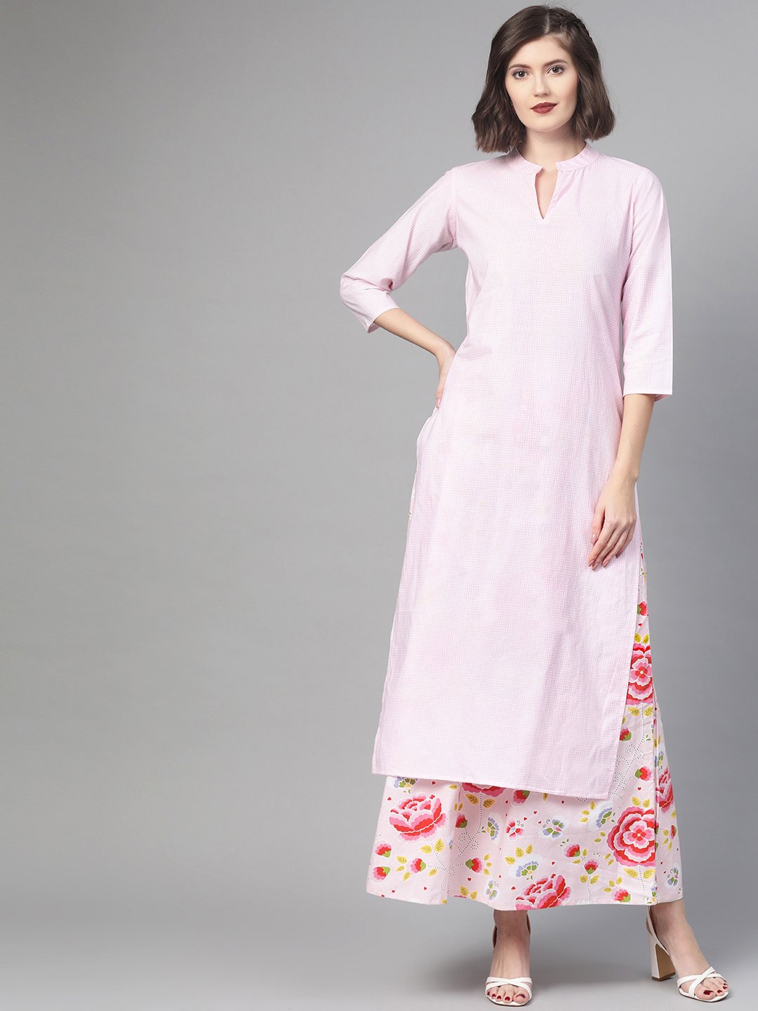 Women's Nayo Pink & Red Straight Checked Printed Kurta And Skirt Set - Nayo Clothing