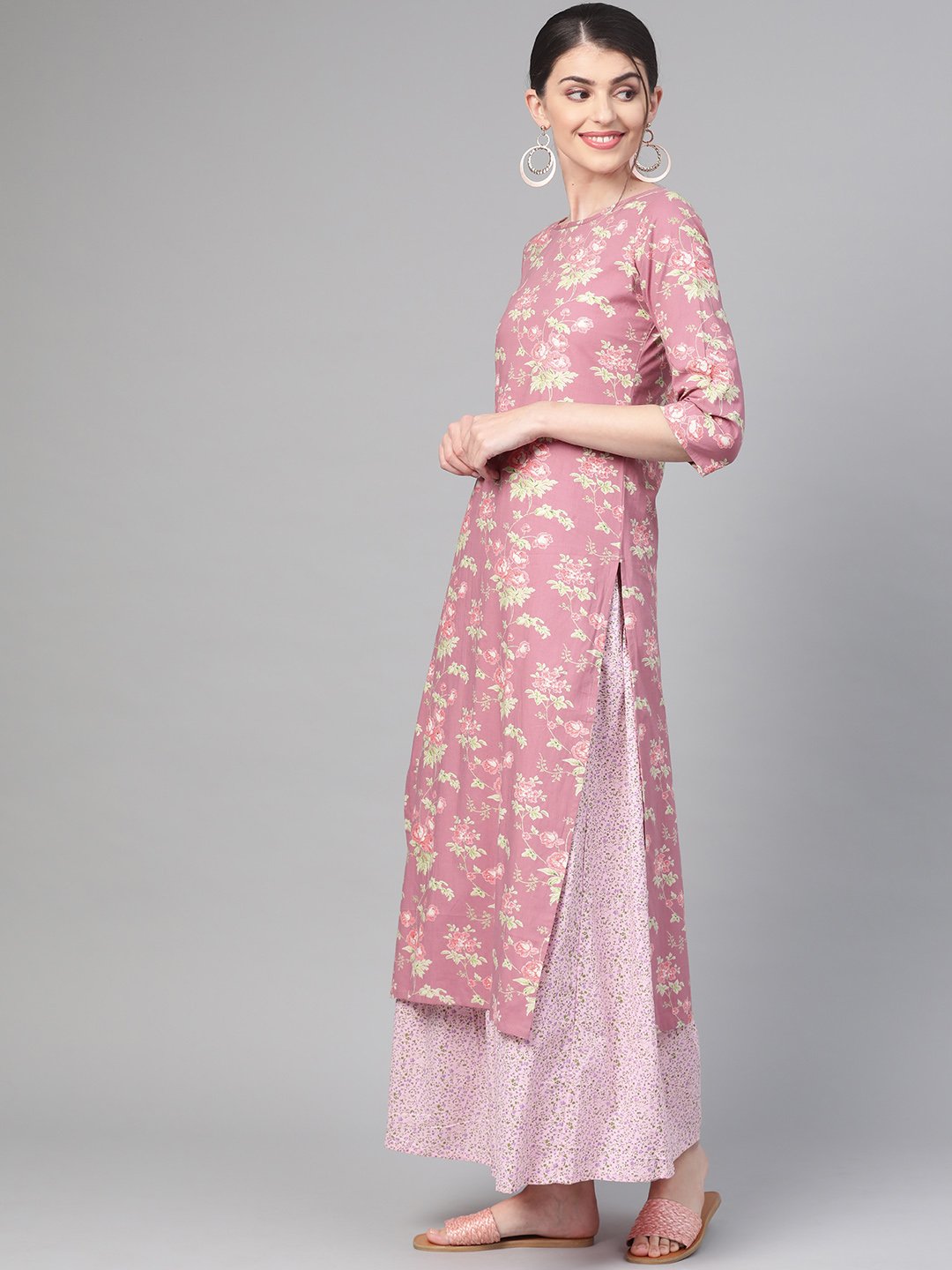Women's Nayo Pink & Green Straight Floral Printed Kurta And Skirt Set - Nayo Clothing